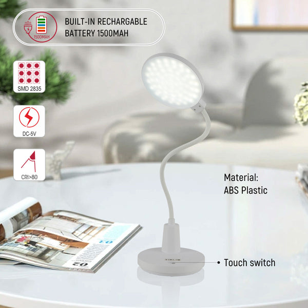 Lámpara de escritorio LED de cuello flexible, ideal para oficinas modernas, con diseño elegante y funcionalidad recargable.