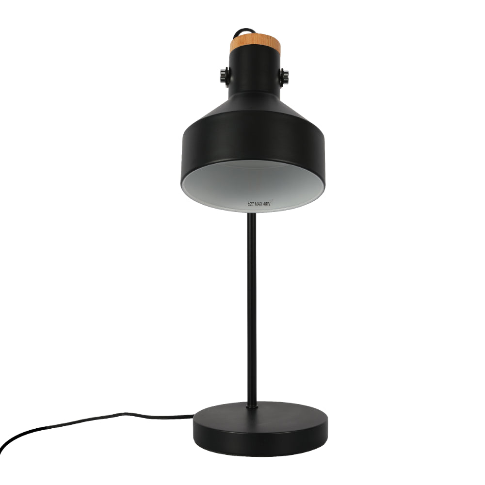 Lámpara de escritorio moderna con acento de madera, ideal para oficinas con estilo contemporáneo y minimalista.