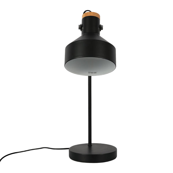 Lámpara de escritorio moderna con acento de madera, ideal para oficinas con estilo contemporáneo y minimalista.