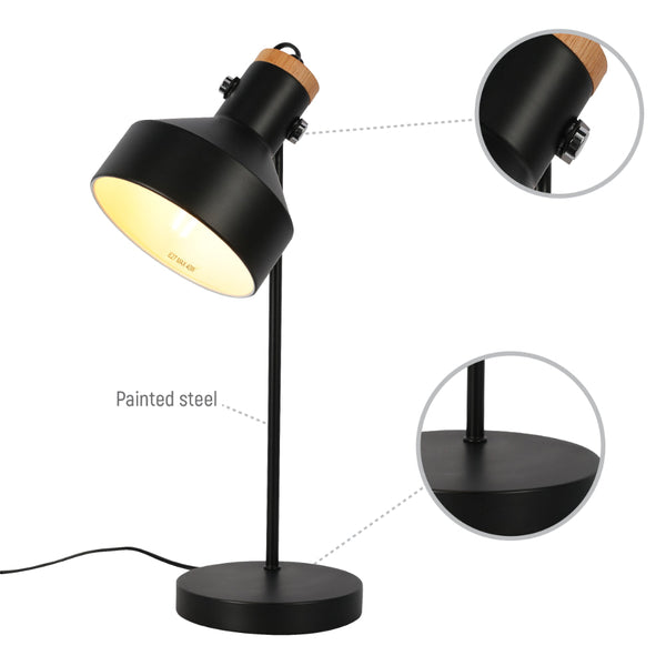Lámpara de escritorio moderna con acento de madera, perfecta para oficinas con estilo contemporáneo y decoración minimalista.