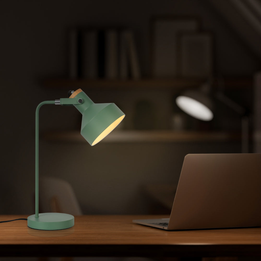 Lámpara de escritorio moderna con acento de madera, perfecta para oficinas con estilo contemporáneo y funcionalidad elegante.