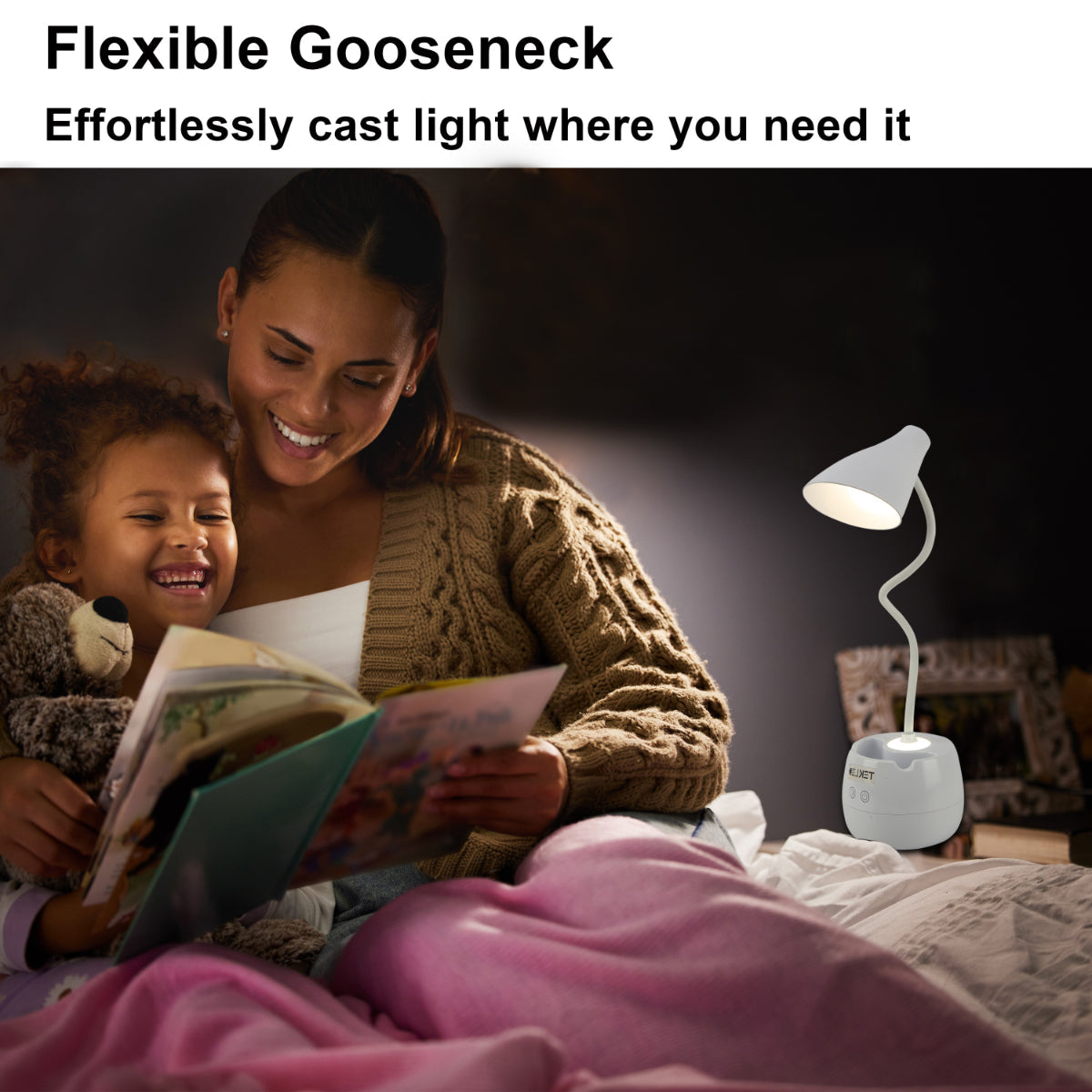 Lámpara de escritorio recargable con brazo flexible, ideal para oficinas modernas, con soporte para lápices y diseño minimalista.