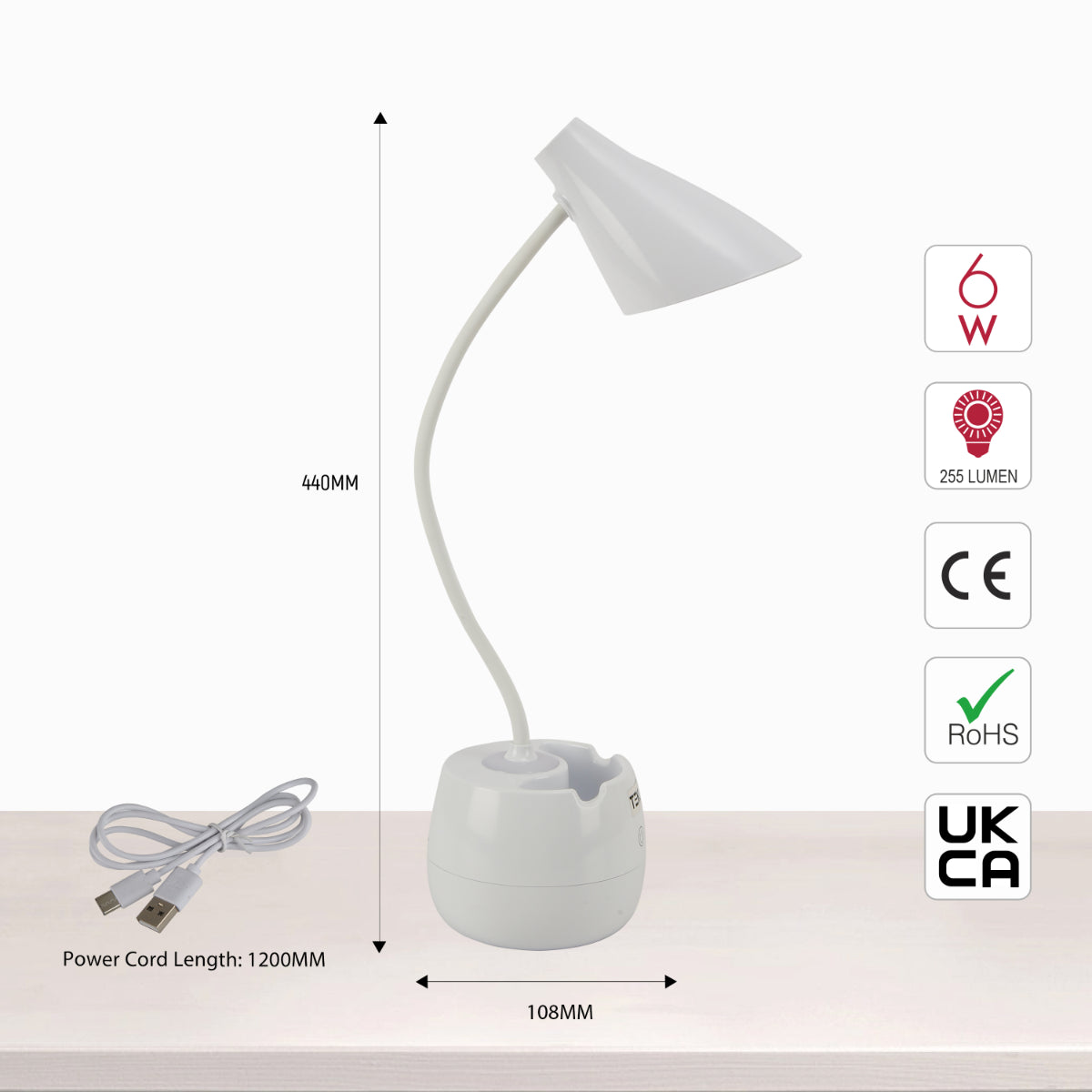 Lámpara de escritorio flexible con cabezal cónico y soporte para lápices, perfecta para oficinas modernas y espacios de trabajo creativos.