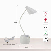 Lámpara de escritorio flexible con cabezal cónico y soporte para lápices, perfecta para oficinas modernas y espacios de trabajo creativos.