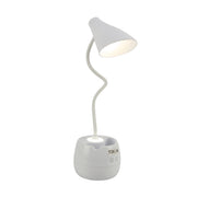 Lámpara de escritorio recargable con brazo flexible y soporte para lápices, perfecta para oficinas con estilo moderno y funcional.