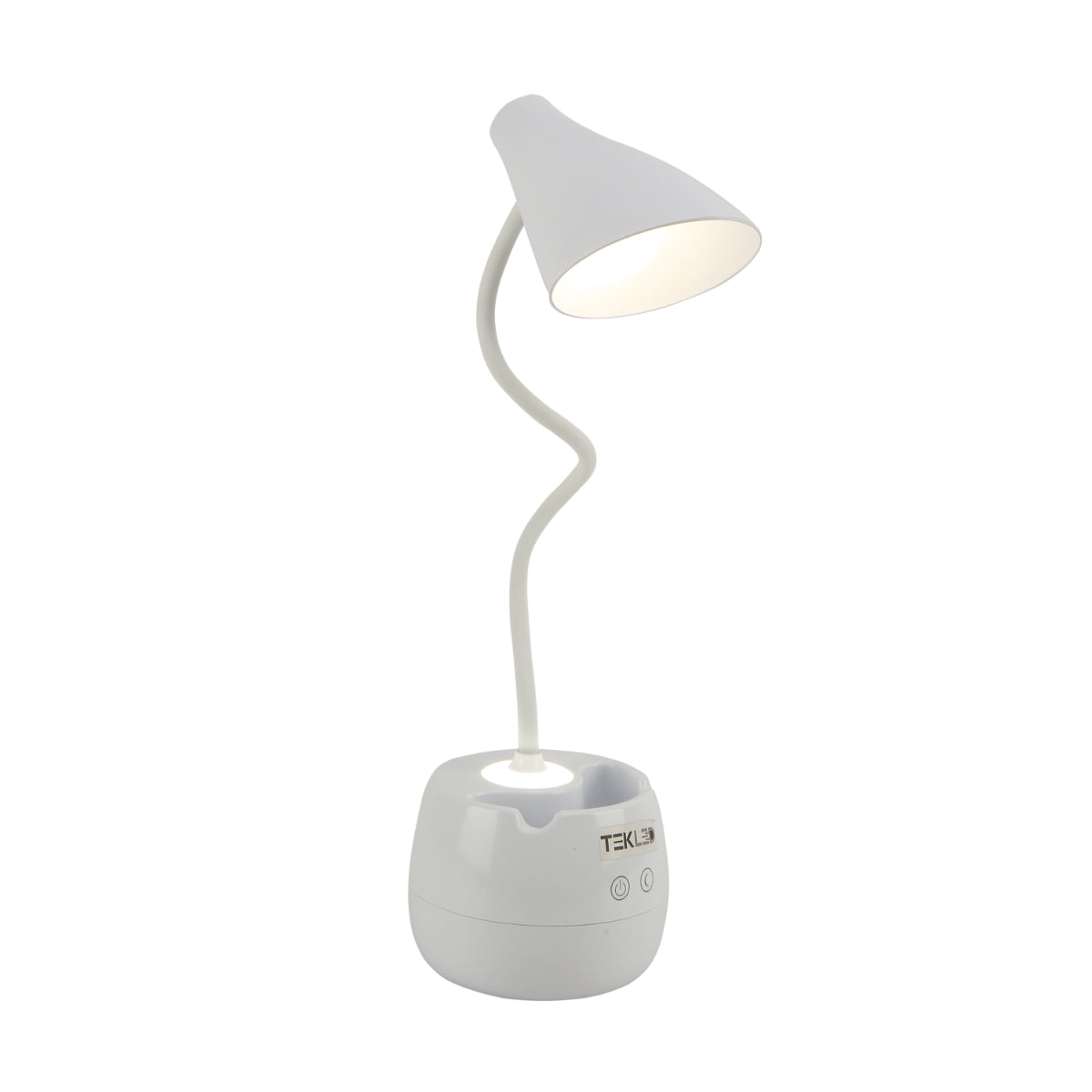 Lámpara de escritorio recargable con brazo flexible y soporte para lápices, perfecta para oficinas con estilo moderno y funcional.