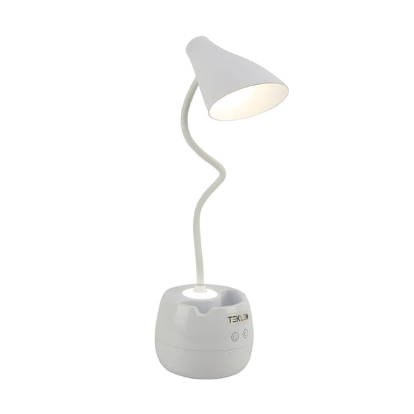 Lámpara de escritorio recargable con brazo flexible y soporte para lápices, perfecta para oficinas con estilo moderno y funcional.