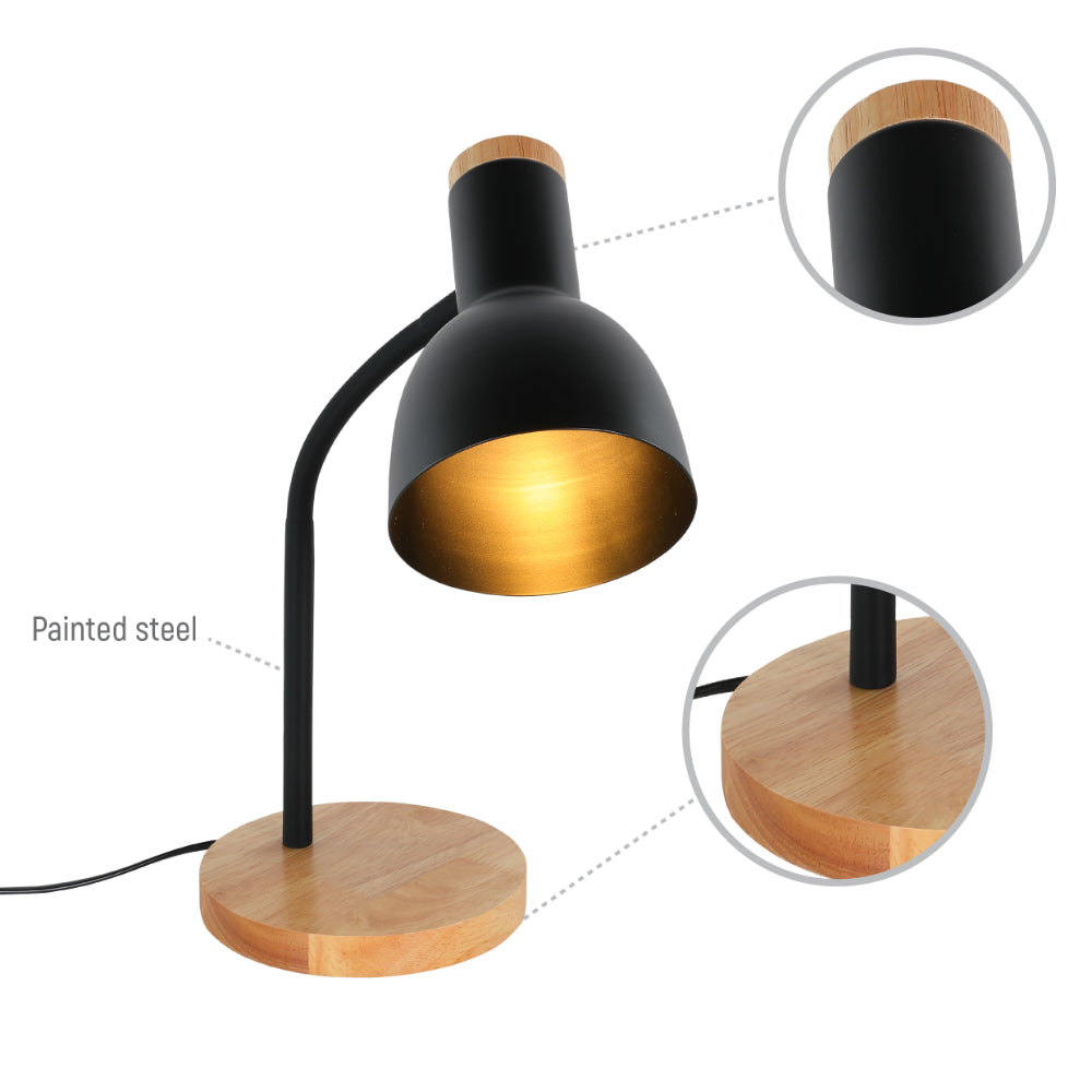Lámpara de mesa de inspiración escandinava con base de madera, ideal para salas de estar con decoraciones modernas y acogedoras.