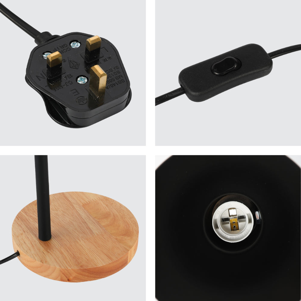 Lámpara de mesa de estilo escandinavo con base de madera, perfecta para iluminar espacios cálidos en decoraciones minimalistas.