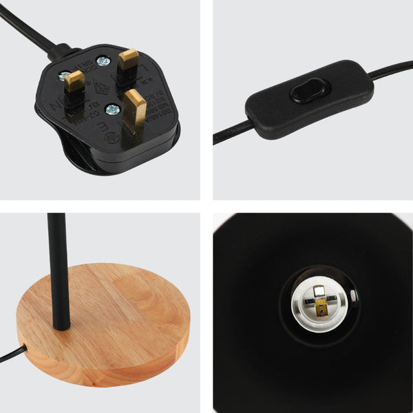 Lámpara de mesa de estilo escandinavo con base de madera, perfecta para iluminar espacios cálidos en decoraciones minimalistas.
