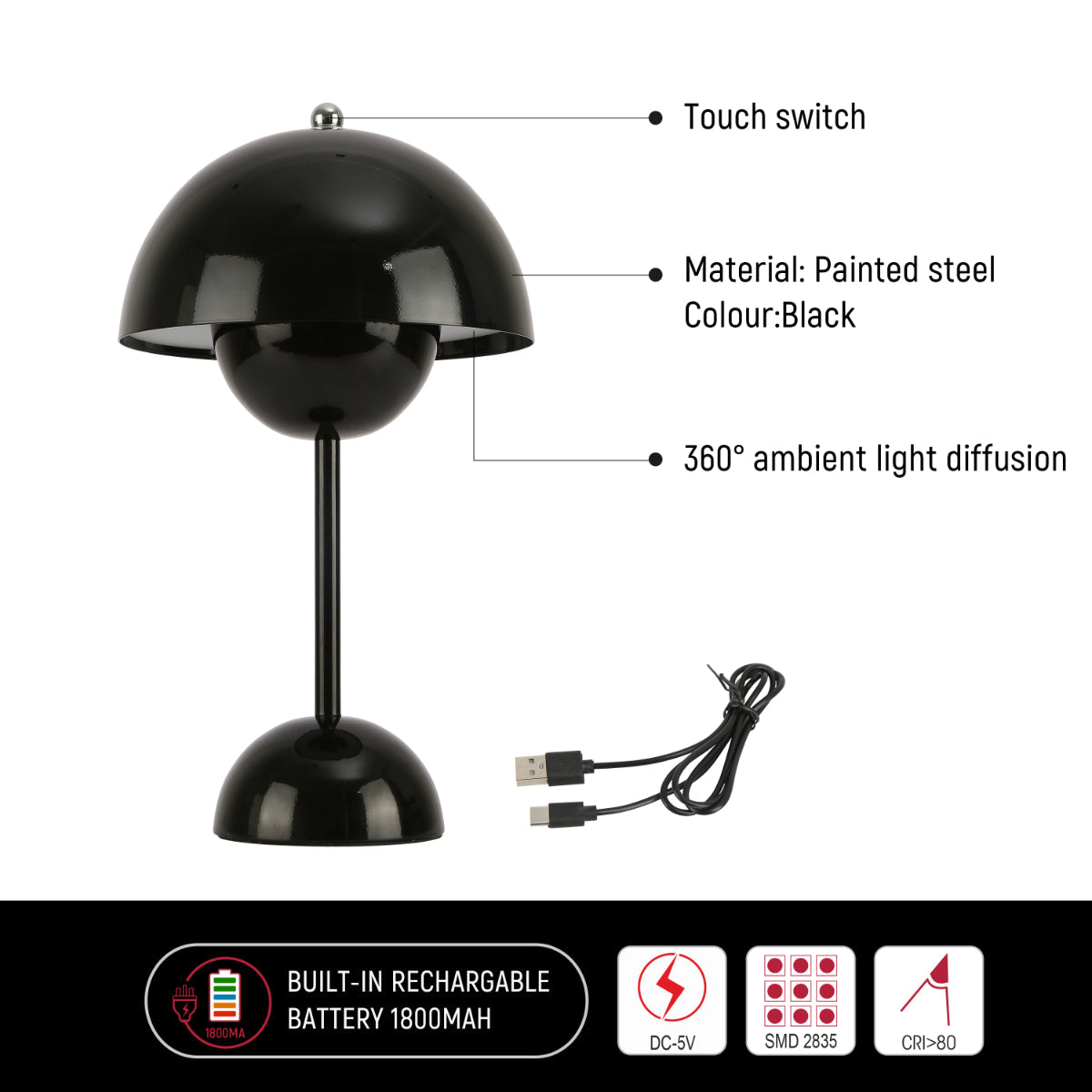 Primer plano de una lámpara de mesa esférica LED, elegante y moderna, perfecta para espacios contemporáneos como salones o estudios.