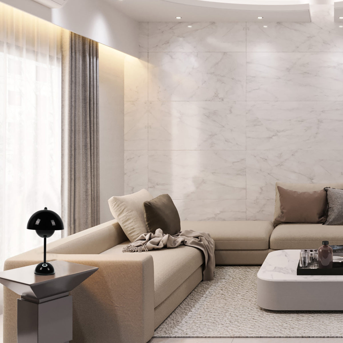 Lámpara de mesa esférica LED, perfecta para oficinas modernas con un toque de elegancia y funcionalidad dual en decoración contemporánea.