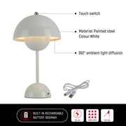 Dibujo técnico de lámpara de mesa esférica LED, mostrando dimensiones y detalles de instalación para un ambiente moderno y elegante.