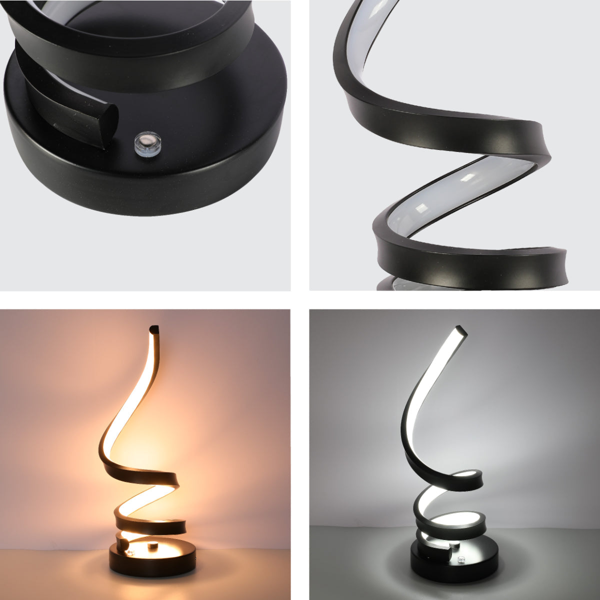 Lámpara de mesa LED en espiral contemporánea con acabado negro, perfecta para oficinas modernas y espacios creativos.