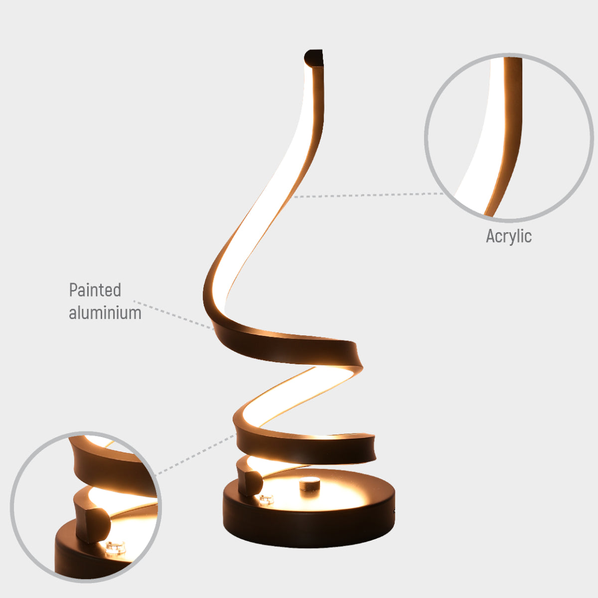 Lámpara de mesa LED en espiral contemporánea con acabado negro, ideal para oficinas modernas con iluminación ajustable.