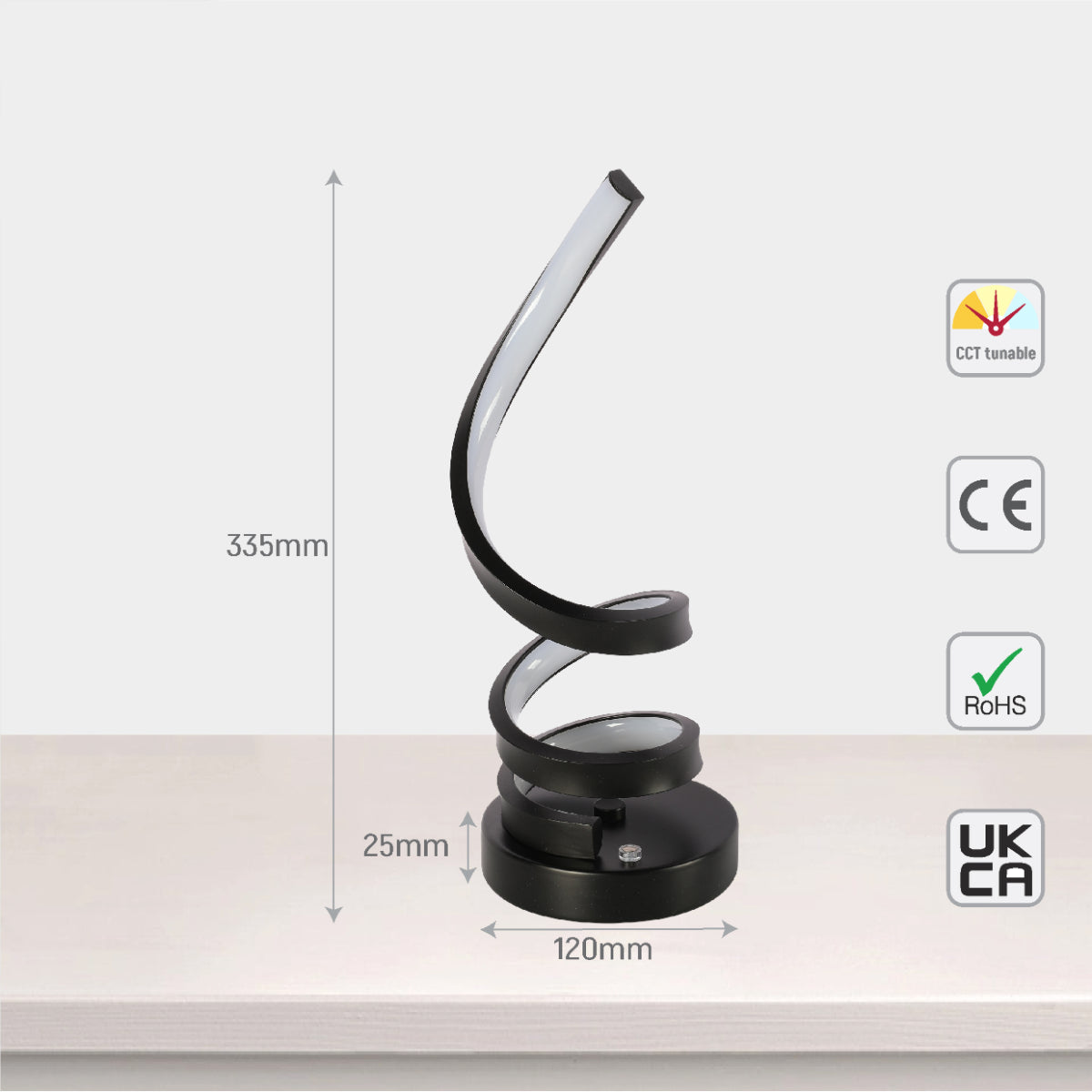 Lámpara de mesa LED en espiral contemporánea con acabado negro, perfecta para oficinas modernas o salas de estar elegantes.