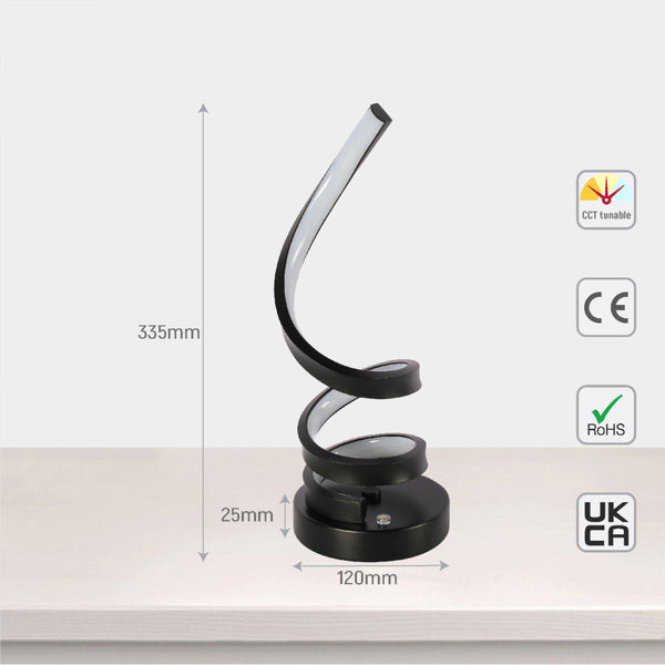 Lámpara de mesa LED en espiral contemporánea con acabado negro, perfecta para oficinas modernas o salas de estar elegantes.