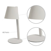 Lámpara de mesa LED portátil solar, ideal para exteriores, perfecta para patios o terrazas con estilo contemporáneo.
