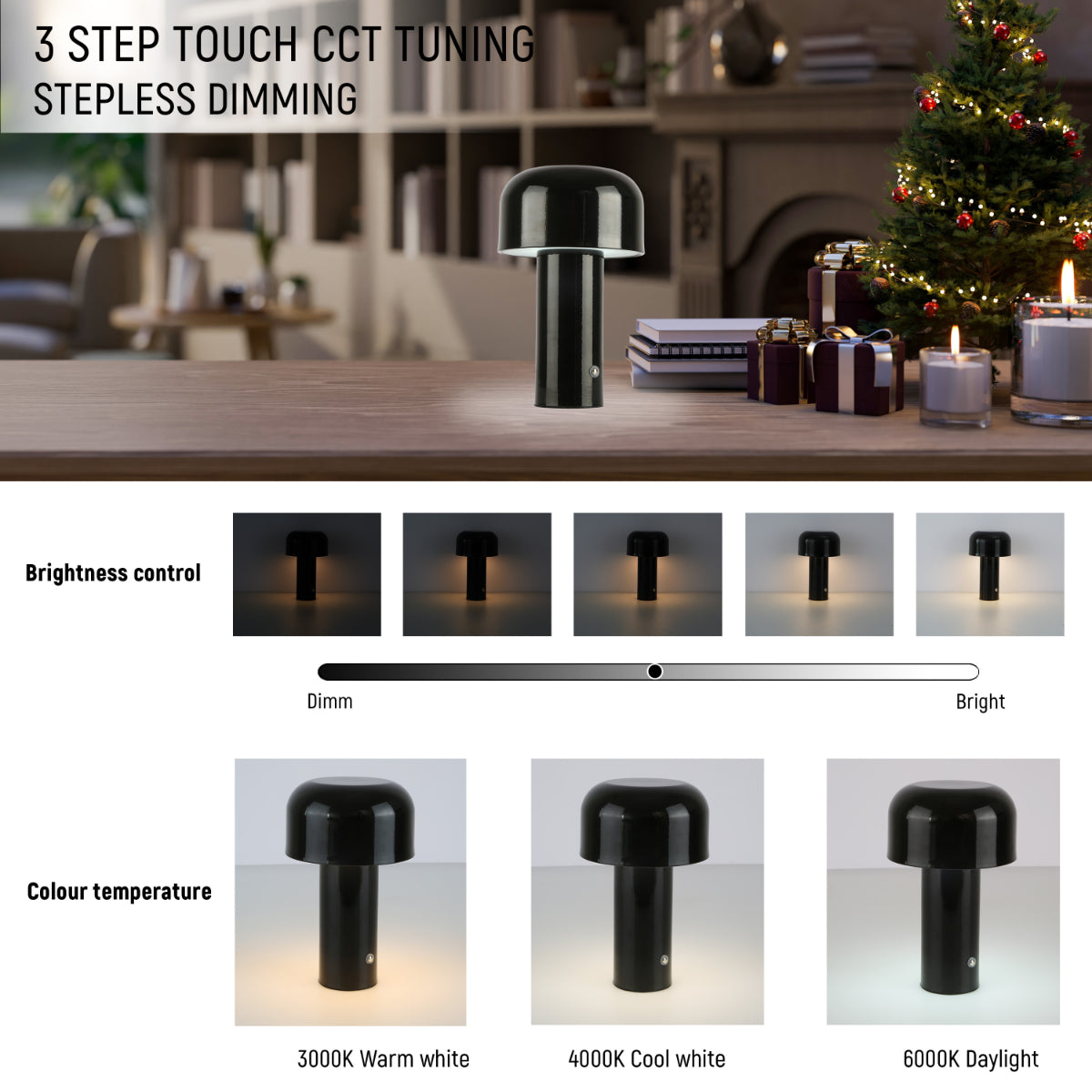 Lámpara de mesa LED recargable con diseño moderno en forma de hongo, perfecta para espacios contemporáneos y minimalistas.