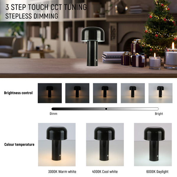 Lámpara de mesa LED recargable con diseño moderno en forma de hongo, perfecta para espacios contemporáneos y minimalistas.