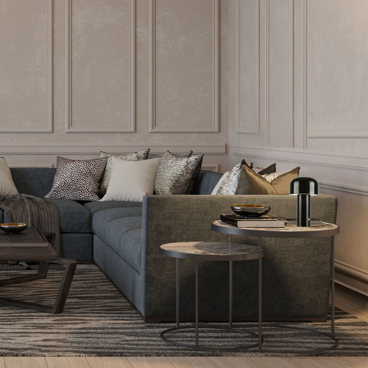 Lámpara de mesa LED recargable con diseño moderno de hongo, ideal para espacios contemporáneos como oficinas o salones.