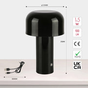 Lámpara de mesa LED recargable en forma de hongo, ideal para espacios modernos y acogedores como salas y dormitorios.