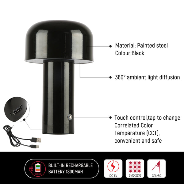 Dibujo técnico de lámpara de mesa LED recargable, con dimensiones detalladas y recomendaciones de instalación para espacios modernos.
