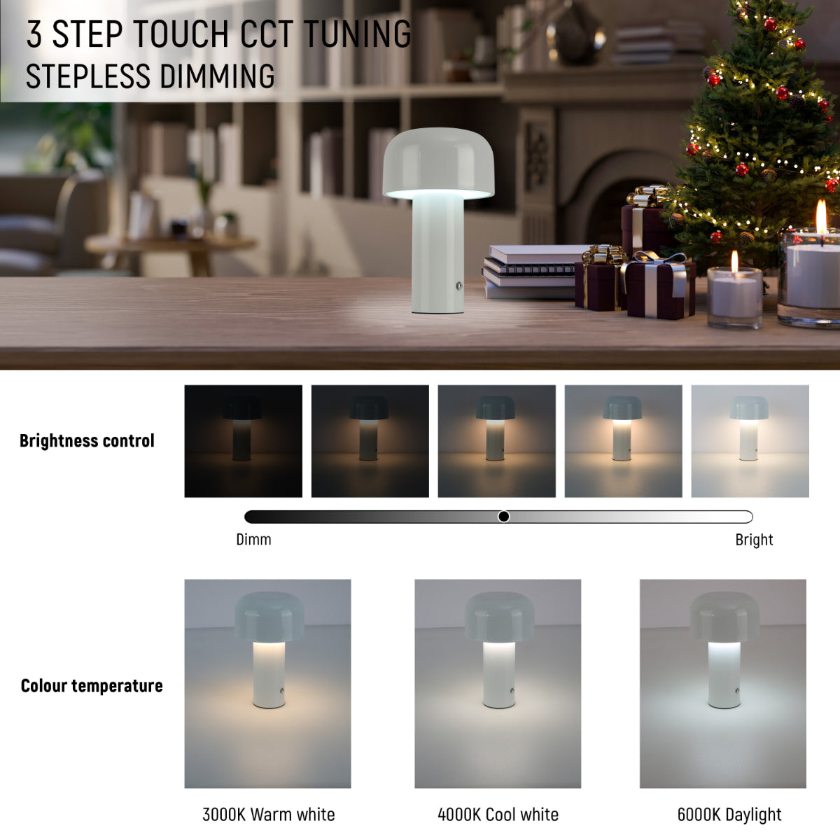 Lámpara de mesa LED recargable en forma de hongo, perfecta para dar un toque moderno a espacios contemporáneos.