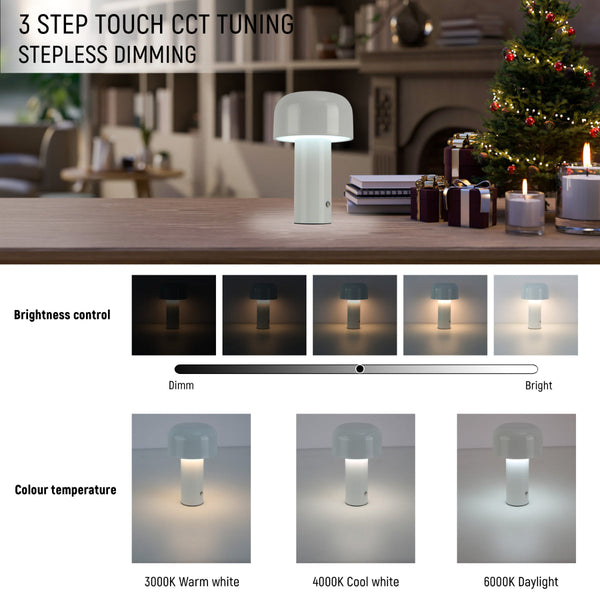 Lámpara de mesa LED recargable en forma de hongo, perfecta para dar un toque moderno a espacios contemporáneos.