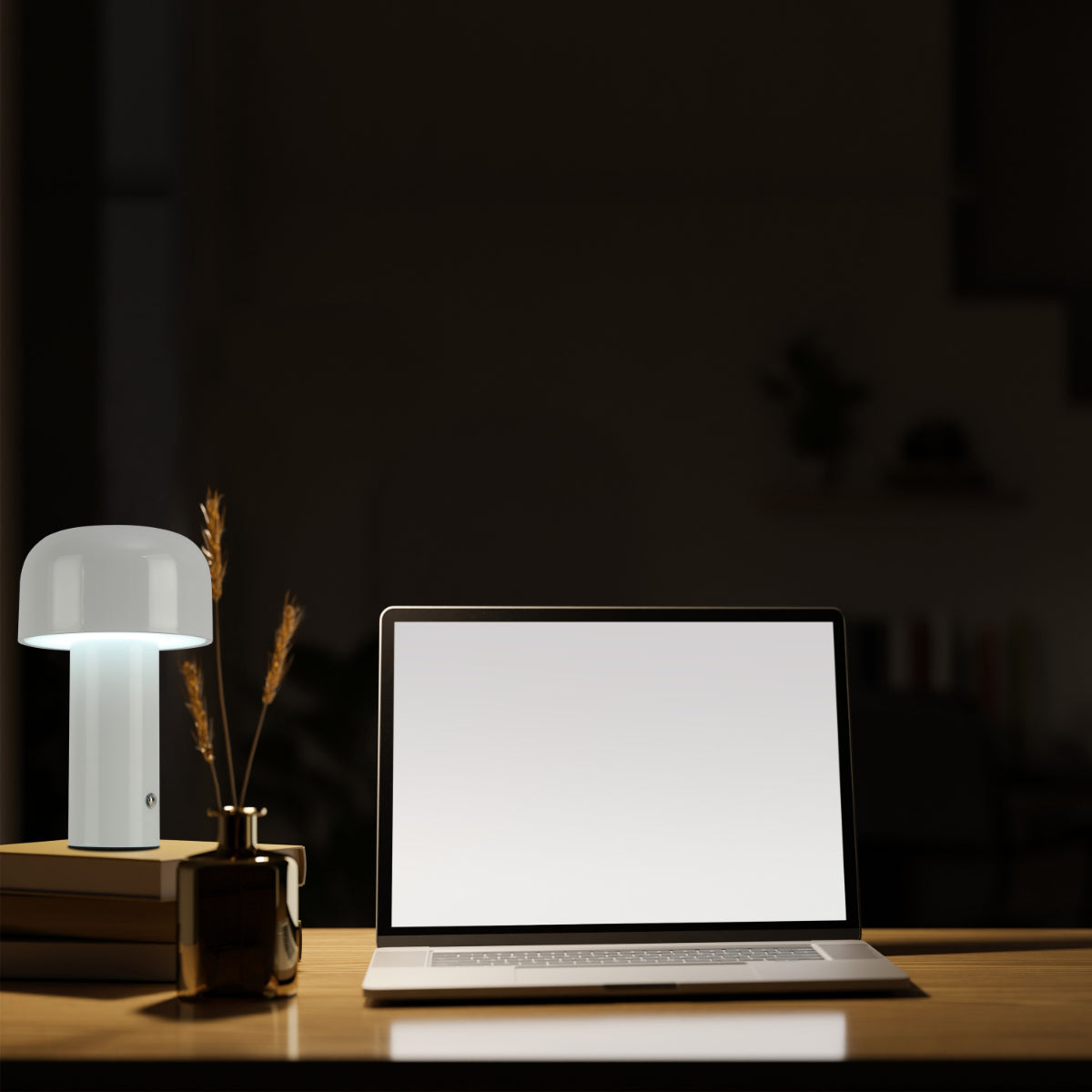 Lámpara de mesa LED recargable en forma de hongo, perfecta para espacios modernos como salas de estar o escritorios contemporáneos.