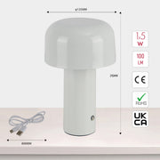 Lámpara de mesa LED recargable en forma de hongo, perfecta para ambientes contemporáneos y mesas de trabajo.