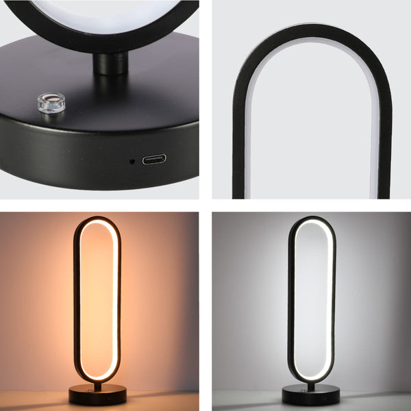 Lámpara de mesa ovalada minimalista con acabado negro, ideal para oficinas con decoraciones contemporáneas y tecnología LED de 3 CCT.