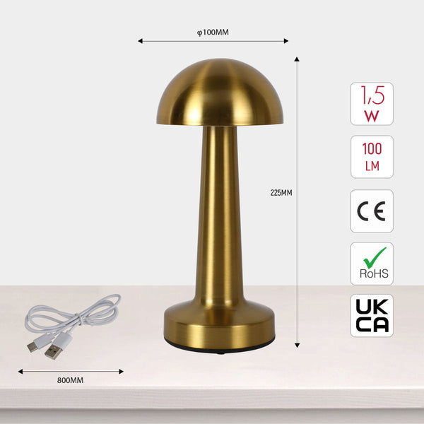 Lámpara de mesa de acero recargable en forma de hongo, ideal para espacios modernos y acogedores. Perfecta para salas o estudios.