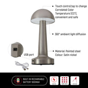 Lámpara de mesa de acero estilo hongo, ideal para iluminación moderna en salas de estar o espacios de trabajo acogedores.