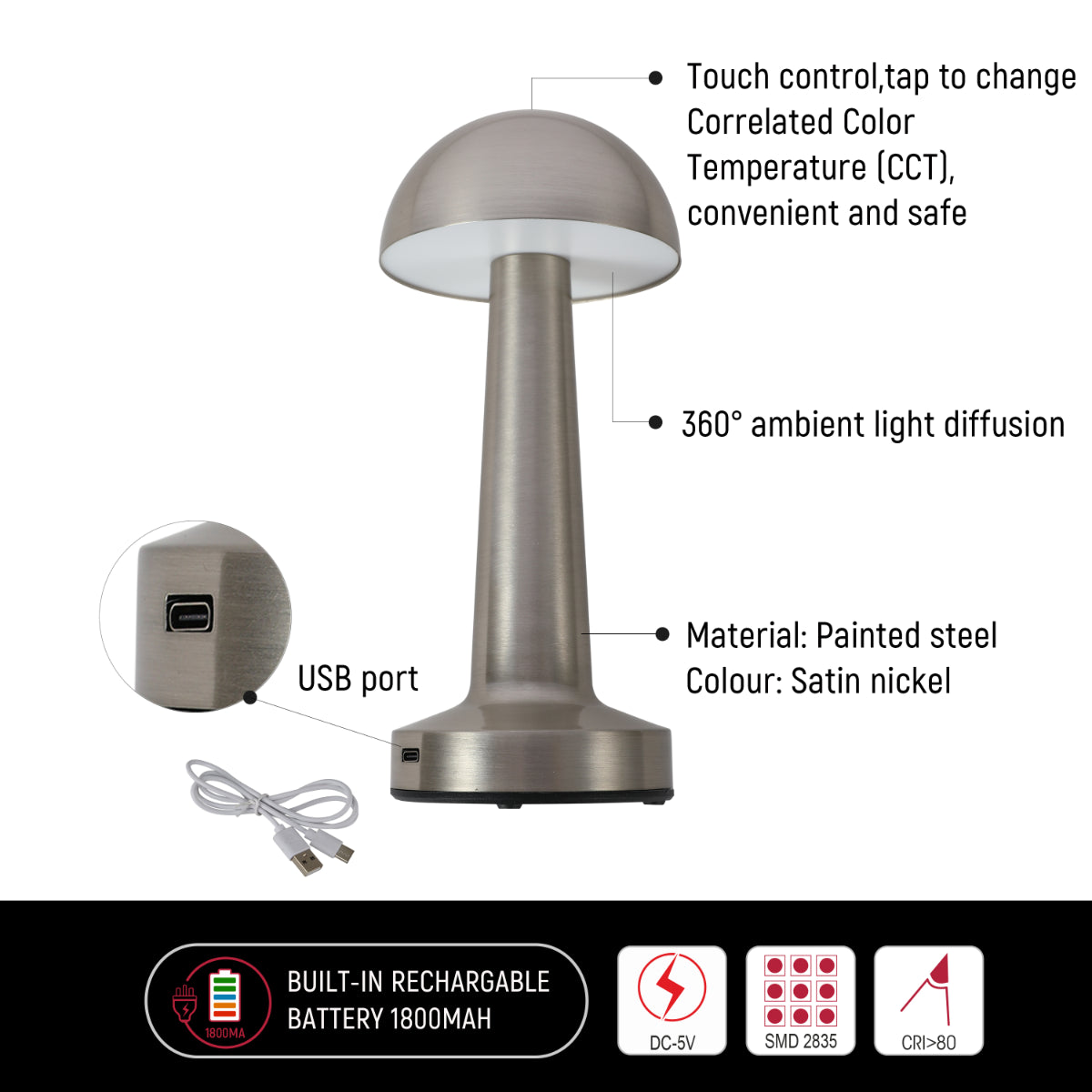 Lámpara de mesa de acero estilo hongo, ideal para iluminación moderna en salas de estar o espacios de trabajo acogedores.