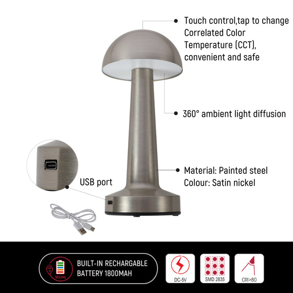 Lámpara de mesa de acero estilo hongo, ideal para iluminación moderna en salas de estar o espacios de trabajo acogedores.