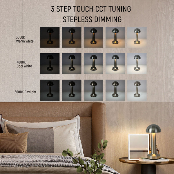 Lámpara de mesa portátil de acero en forma de hongo, ideal para salas de estar con decoración moderna y elegante.