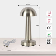 Lámpara de mesa recargable en acero con forma de hongo, perfecta para espacios contemporáneos y habitaciones acogedoras.