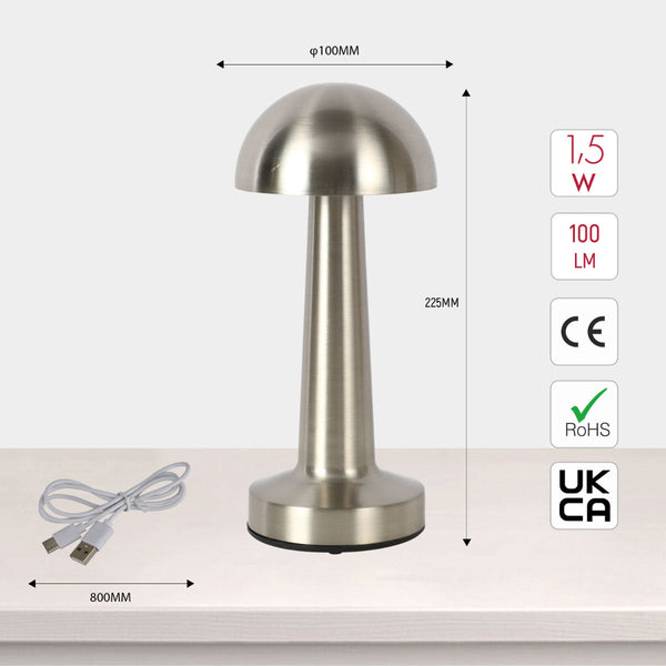 Lámpara de mesa recargable en acero con forma de hongo, perfecta para espacios contemporáneos y habitaciones acogedoras.