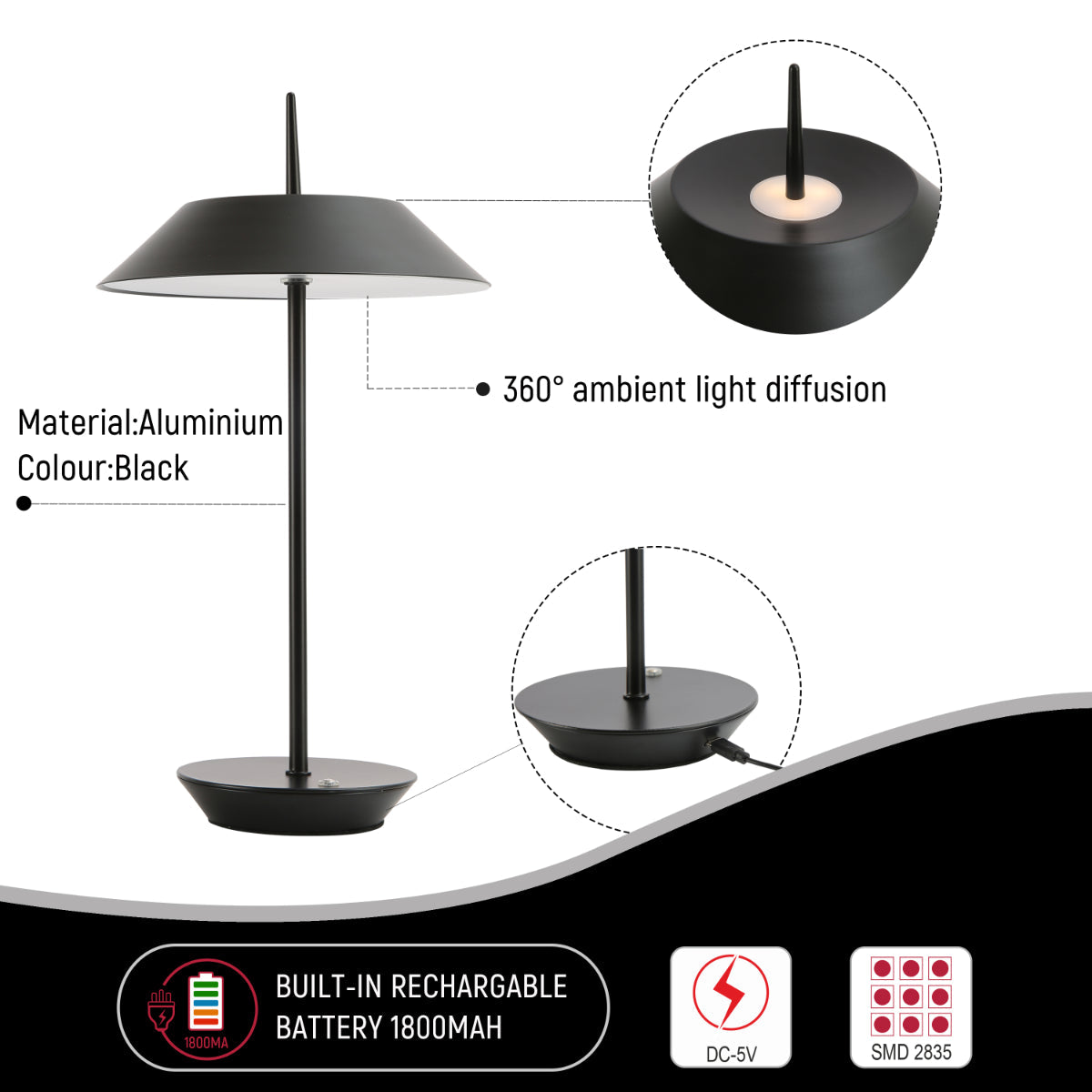 Lámpara de mesa Eclipse con diseño moderno, ideal para iluminar espacios de oficina o sala de estar con estilo contemporáneo.