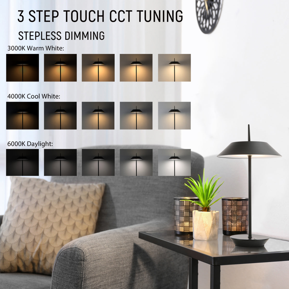 Lámpara de mesa táctil en diseño moderno, perfecta para salas de estar o dormitorios con estilo contemporáneo, iluminando con elegancia.