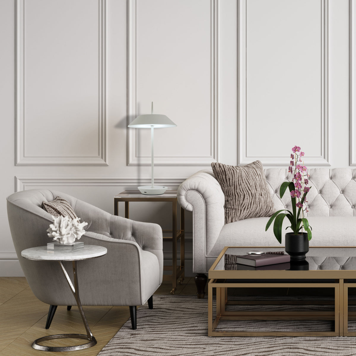 Lámpara de mesa táctil con diseño moderno, ideal para salones contemporáneos, ofreciendo un ambiente acogedor y funcional.
