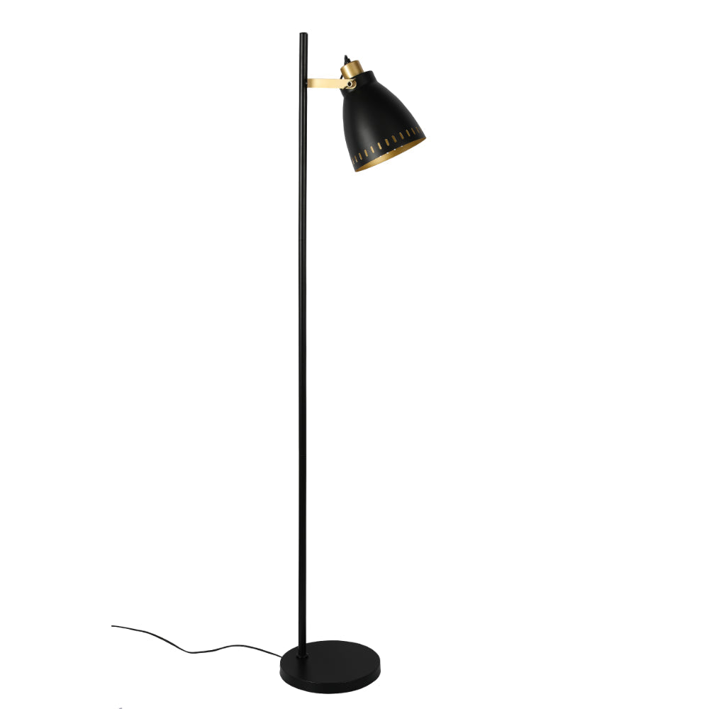 Lámpara de pie con pantalla cónica y detalles dorados, perfecta para salas modernas y decoraciones elegantes.