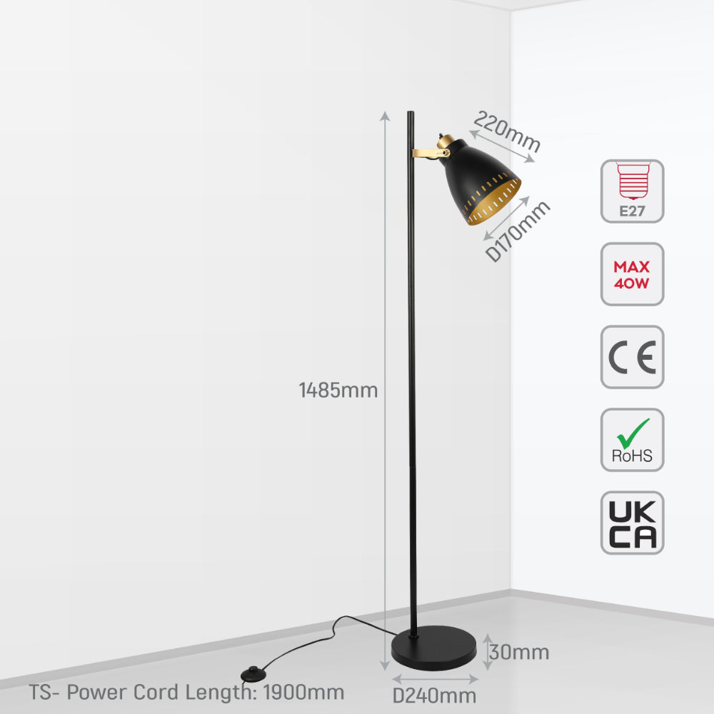 Lámpara de pie con pantalla cónica y detalles dorados, ideal para salas de estar con decoración moderna y elegante.
