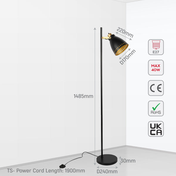 Lámpara de pie con pantalla cónica y detalles dorados, ideal para salas de estar con decoración moderna y elegante.