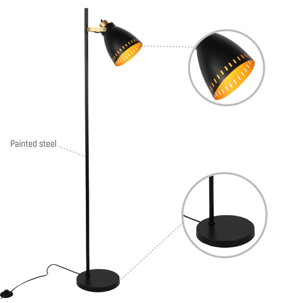 Lámpara de pie con pantalla cónica y detalles dorados, ideal para salones modernos y decoraciones versátiles.