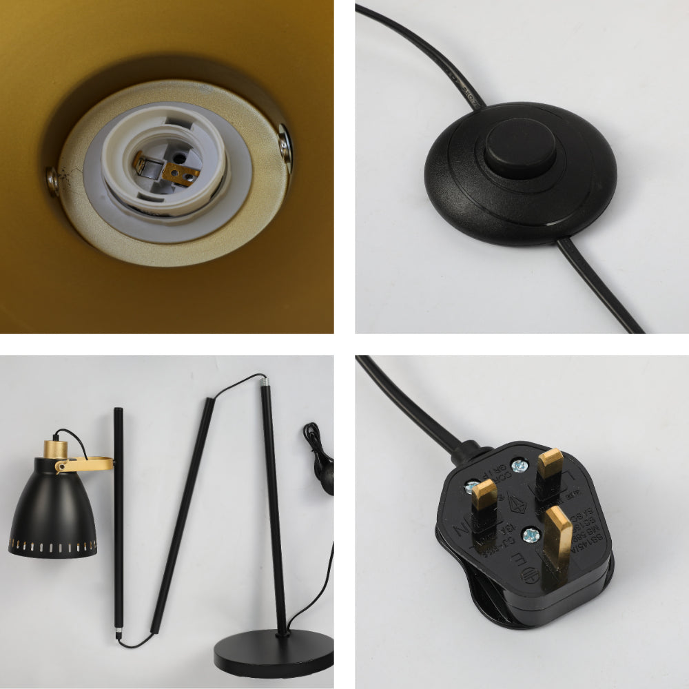 Lámpara de pie con pantalla cónica y detalles dorados, ideal para salones con decoraciones contemporáneas y elegantes.