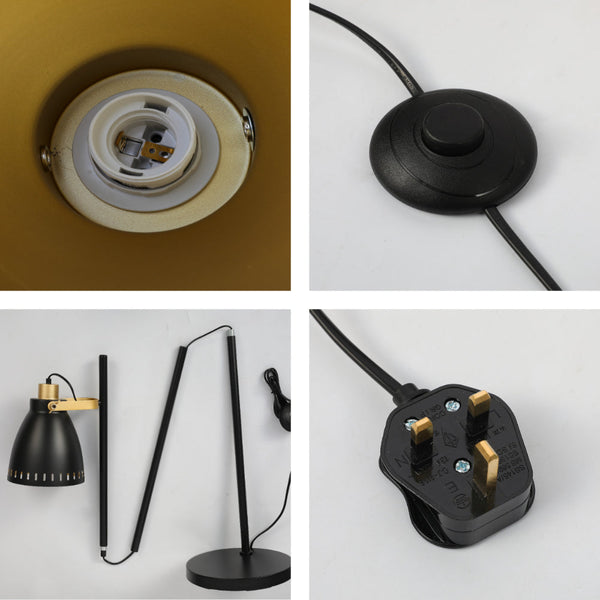 Lámpara de pie con pantalla cónica y detalles dorados, ideal para salones con decoraciones contemporáneas y elegantes.