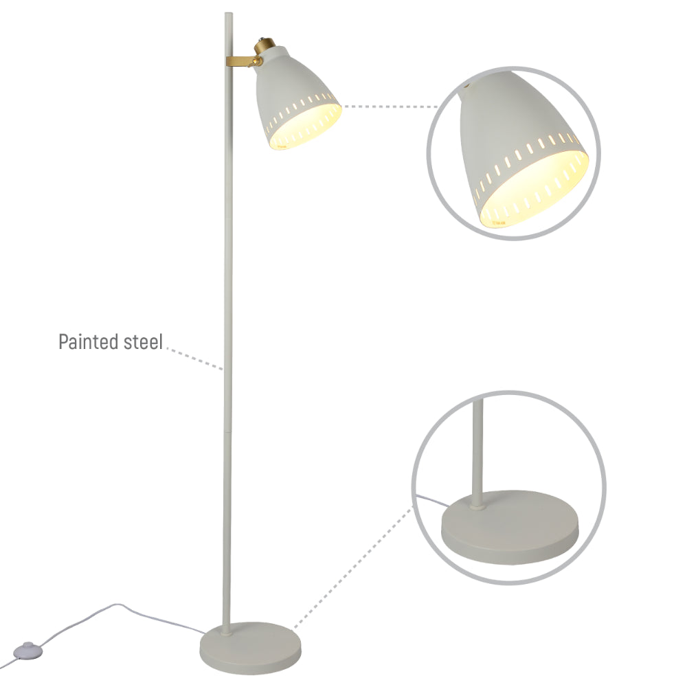 Lámpara de pie con pantalla cónica y detalles dorados, ideal para salones modernos y decoraciones elegantes.