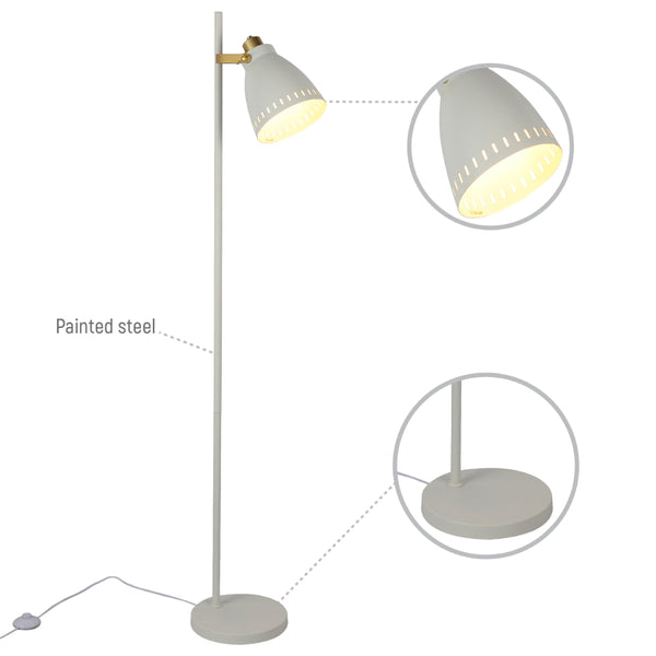 Lámpara de pie con pantalla cónica y detalles dorados, ideal para salones modernos y decoraciones elegantes.